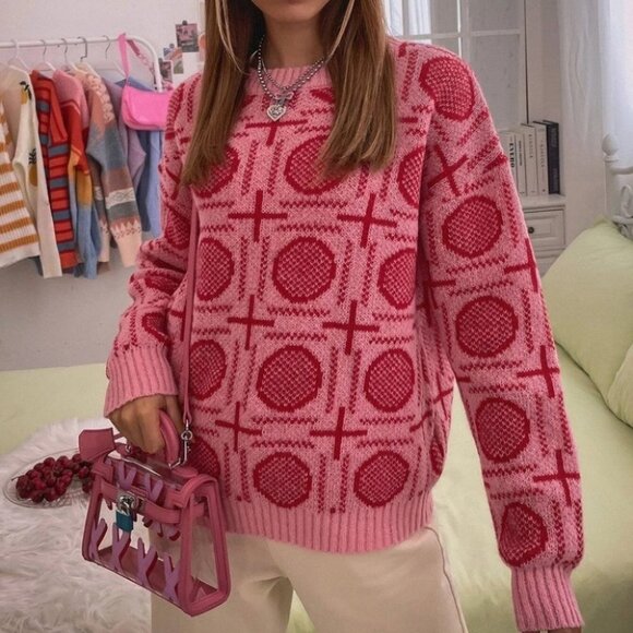 preppy trending print detailed sweater cute pink red - Picture 1 of 6